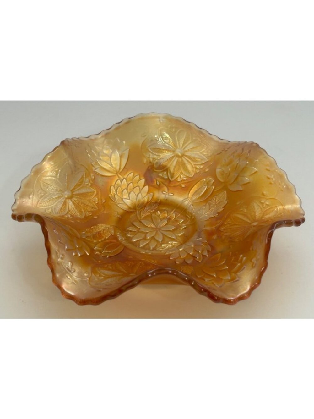 Fenton Carnival Glass Footed Dish Floral Marigold Iridescent Scalloped Edges - Picture 5 of 10